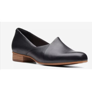 CLARKS JULIET PALM BLACK LEATHER LOAFERS CUSHION SLIP ONS DRESS SHOES 8.5